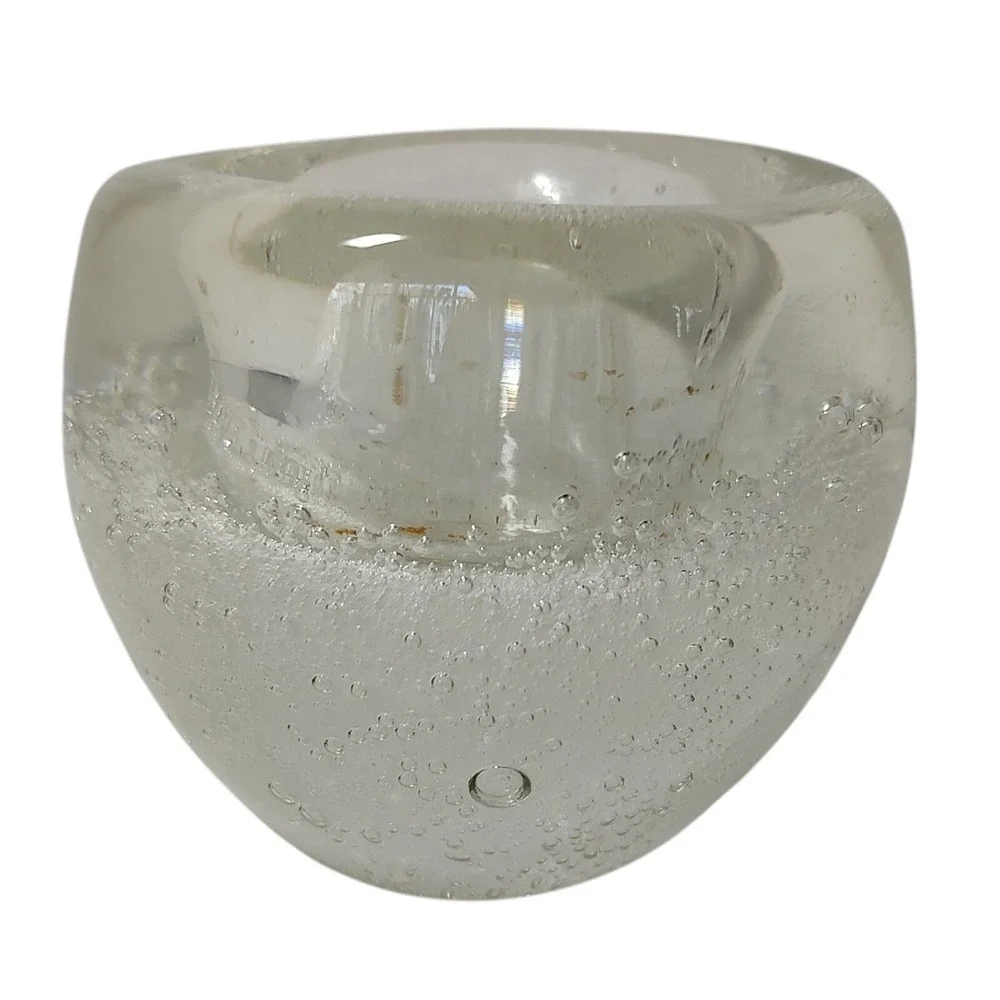 Clear Art Glass Votive Candle Holder‎ With Bubbles Polish Bottom Heavy 3.5 in